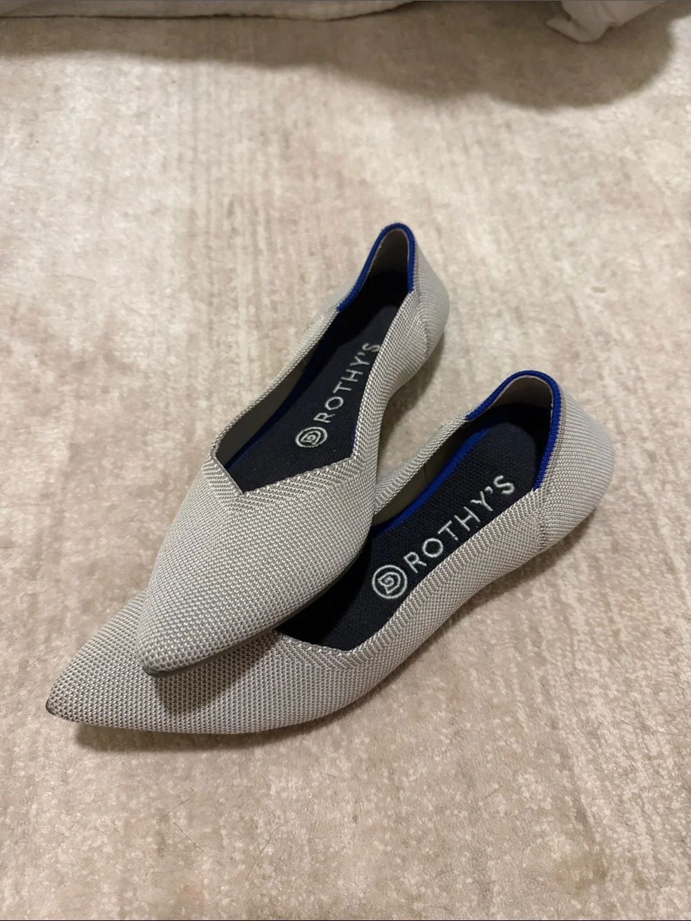Rothy's Pointed Slip-On Flats in Light Gray with Blue Trim